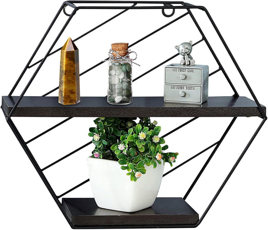 Black Hexagon Floating Shelves for Wall, Rustic Wood Geometric Style Decor Hanging Shelf Metal Bracket for Bedroom Living Room Office