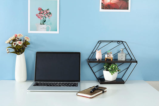 Black Hexagon Floating Shelves for Wall, Rustic Wood Geometric Style Decor Hanging Shelf Metal Bracket for Bedroom Living Room Office